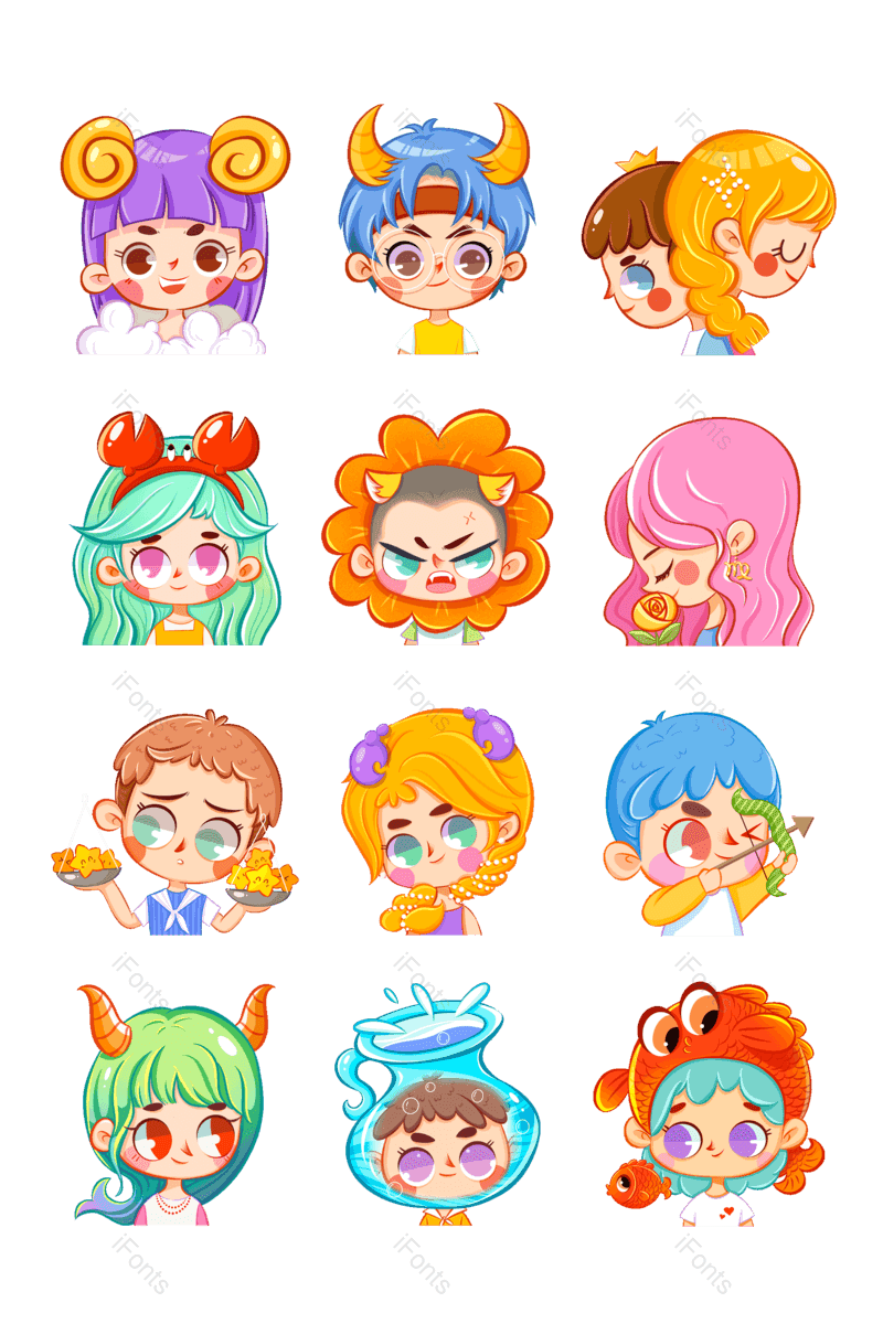 卡通图片,十二星座元素,卡通人物PNG,头像免抠素材